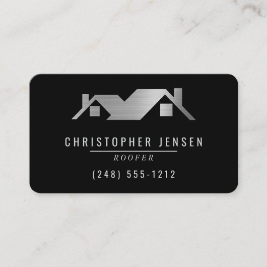 QR Code Roofing Business Black Silver Rounded 名刺 (正面)