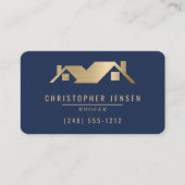 QR Code Roofing Business Navy Blue Gold Rounded 名刺 (正面)