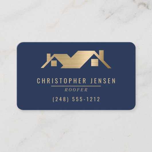 QR Code Roofing Business Navy Blue Gold Rounded 名刺 (正面)
