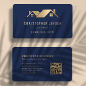 QR Code Roofing Business Navy Blue Gold Rounded 名刺