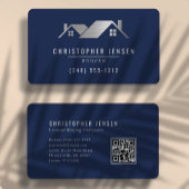 QR Code Roofing Business Navy Blue Silver Rounded 名刺