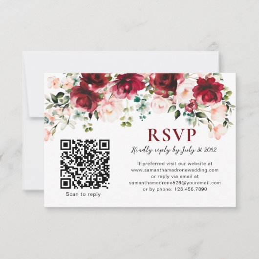 QR Code RSVP Card Burgundy Blush Floral Wedding (正面)