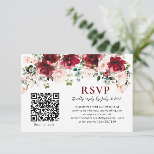 QR Code RSVP Card Burgundy Blush Floral Wedding (スタンド正面)
