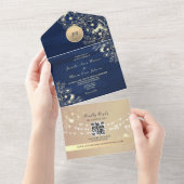 QR Code Rustic Navy Rose Gold Wedding オールインワン招待状 (貼ってはがせる)