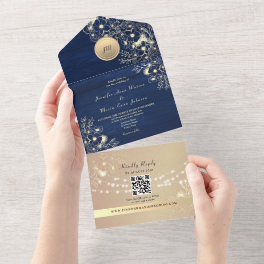 QR Code Rustic Navy Rose Gold Wedding オールインワン招待状 (貼ってはがせる)