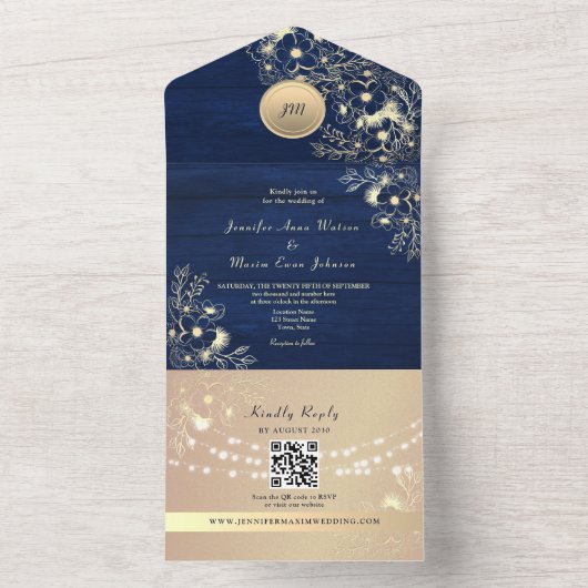 QR Code Rustic Navy Rose Gold Wedding オールインワン招待状 (内側)