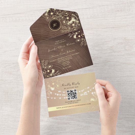 QR Code Rustic Wood Rose Gold Wedding オールインワン招待状 (貼ってはがせる)