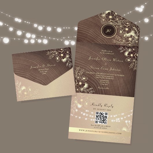 QR Code Rustic Wood Rose Gold Wedding オールインワン招待状