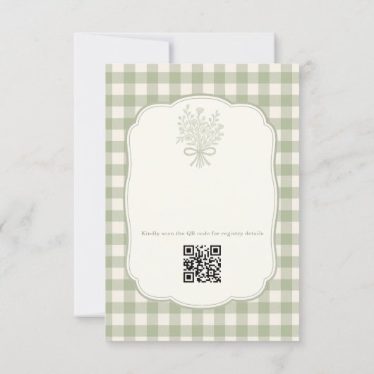 QR Code Sage Green Gingham Floral Bridal Shower 招待状 (裏面)