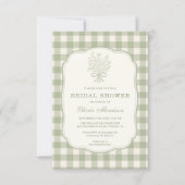 QR Code Sage Green Gingham Floral Bridal Shower 招待状 (正面)