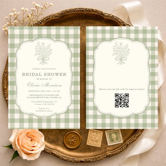 QR Code Sage Green Gingham Floral Bridal Shower 招待状