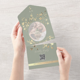 QR Code Sage Green Gold Floral Wedding オールインワン招待状