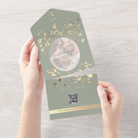 QR Code Sage Green Gold Floral Wedding オールインワン招待状 (貼ってはがせる)