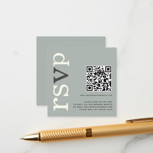 QR Code Sage Ivory Wedding Online RSVP エンクロージャーカード (正面/裏面インサイチュ)