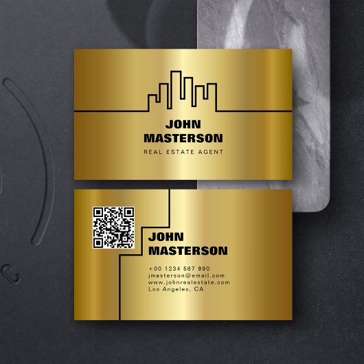 QR Code Simple Gold & Black Real Estate Agent 名刺