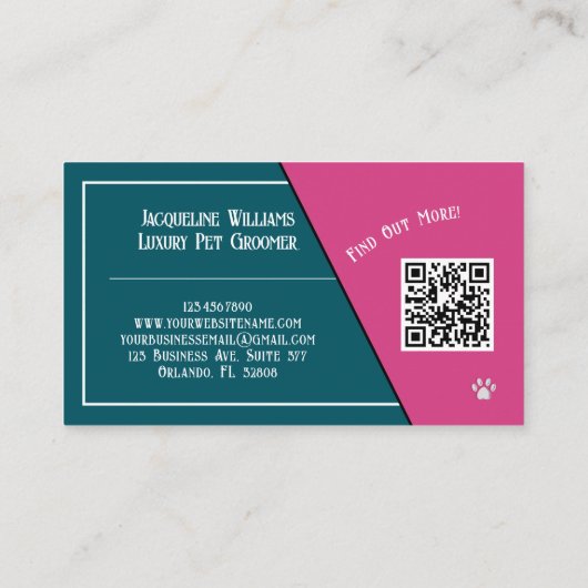QR Code Teal Girly Mid-Century Pet Groomer 名刺 (裏面)