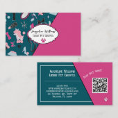 QR Code Teal Girly Mid-Century Pet Groomer 名刺 (正面/裏面)