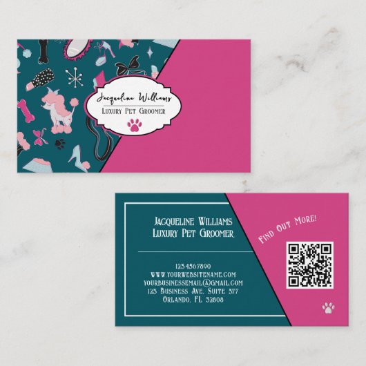 QR Code Teal Girly Mid-Century Pet Groomer 名刺 (正面/裏面)