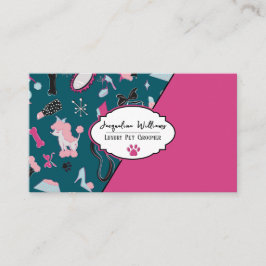 QR Code Teal Girly Mid-Century Pet Groomer 名刺