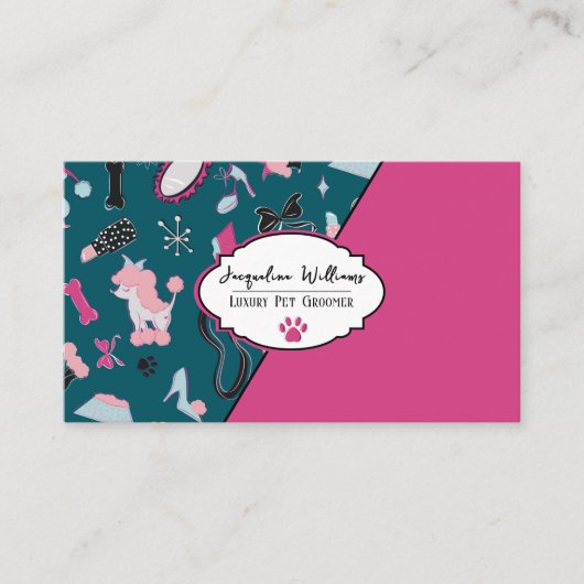 QR Code Teal Girly Mid-Century Pet Groomer 名刺 (正面)