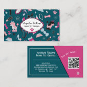 QR Code Teal Girly Mid-Century Pet Groomer II 名刺 (正面/裏面)