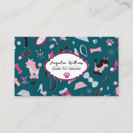 QR Code Teal Girly Mid-Century Pet Groomer II 名刺