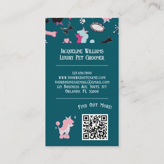 QR Code Teal Girly Mid-Century Pet Groomer III 名刺 (裏面)