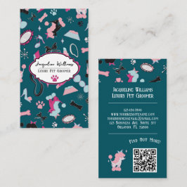 QR Code Teal Girly Mid-Century Pet Groomer III 名刺