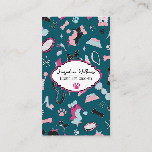 QR Code Teal Girly Mid-Century Pet Groomer III 名刺 (正面)