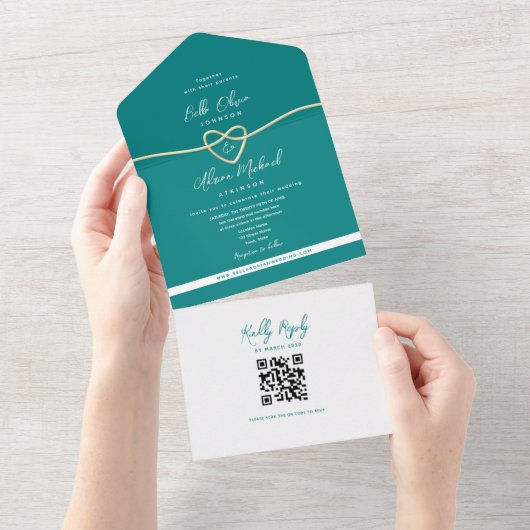 QR Code Teal Gold Heart Wedding オールインワン招待状 (貼ってはがせる)