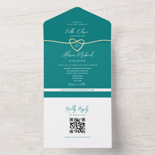 QR Code Teal Gold Heart Wedding オールインワン招待状 (内側)