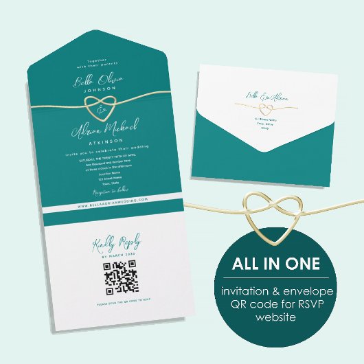 QR Code Teal Gold Heart Wedding オールインワン招待状