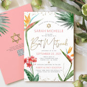 QR Code Tropical Bat Mitzvah Floral Gold Script 招待状
