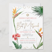 QR Code Tropical Bat Mitzvah Floral Gold Script 招待状 (正面)