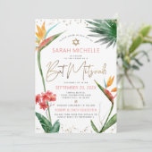 QR Code Tropical Bat Mitzvah Floral Gold Script 招待状 (スタンド正面)