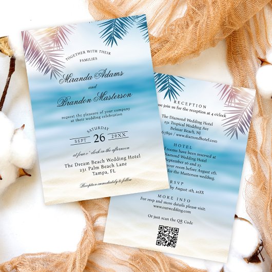 QR Code Tropical Palm Beach All in One Wedding 招待状