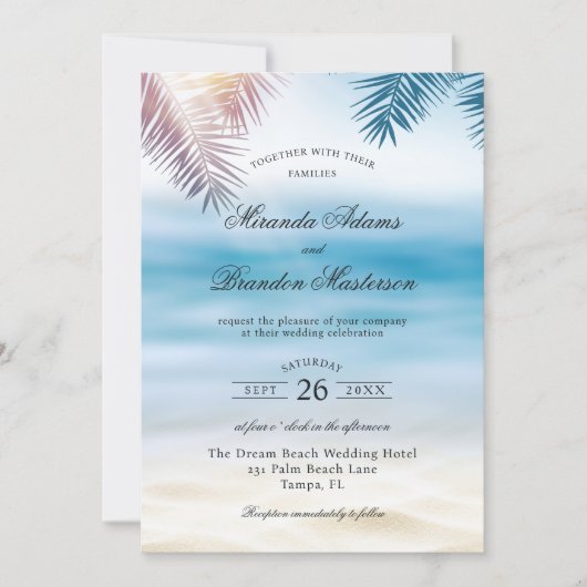 QR Code Tropical Palm Beach All in One Wedding 招待状 (正面)
