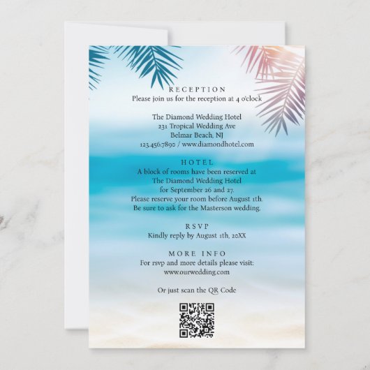 QR Code Tropical Palm Beach All in One Wedding 招待状 (裏面)