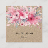 QR Code | Watercolor Pink Flowers Kraft スクエア名刺 (正面)