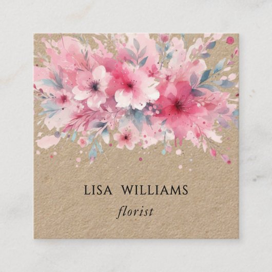 QR Code | Watercolor Pink Flowers Kraft スクエア名刺 (正面)
