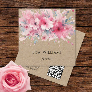QR Code | Watercolor Pink Flowers Kraft スクエア名刺