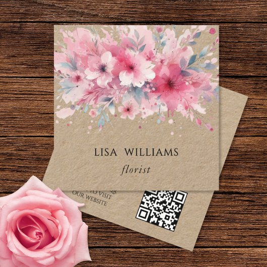 QR Code | Watercolor Pink Flowers Kraft スクエア名刺