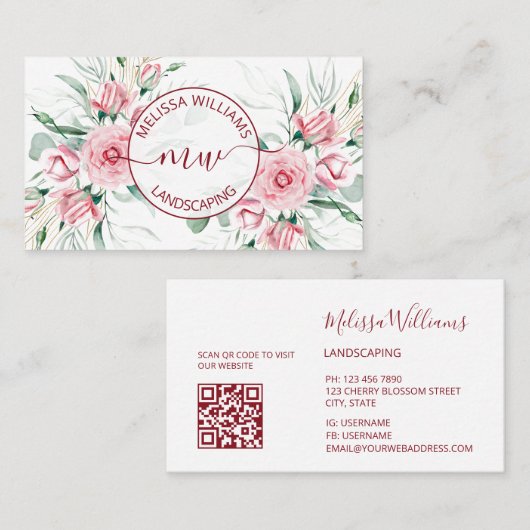 QR Code |  Watercolor Pink Roses Logo 名刺 (正面/裏面)