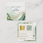 Qr Code Watercolor Sage Green Gold  スクエア名刺 (正面/裏面)
