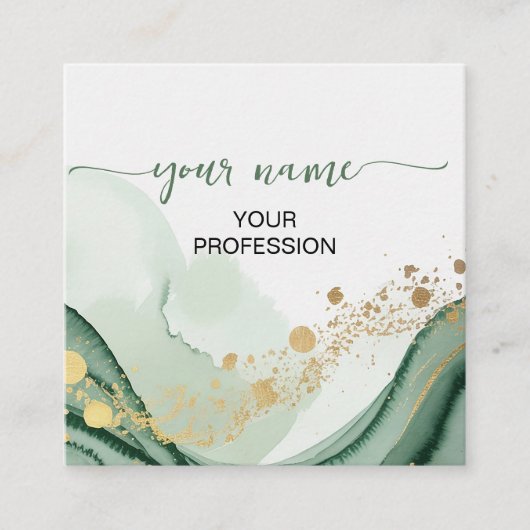 Qr Code Watercolor Sage Green Gold  スクエア名刺 (正面)