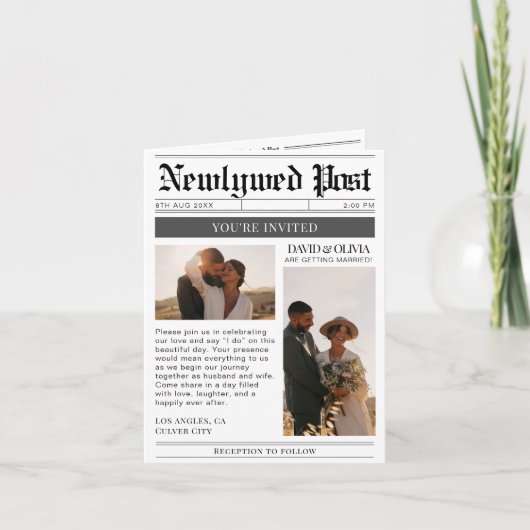 QR Code Wedding Details Newspaper Wedding 招待状 (正面)