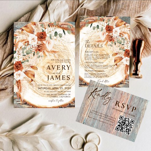 QR Code Wedding Invitation Boho Pampas Wood Slice 招待状