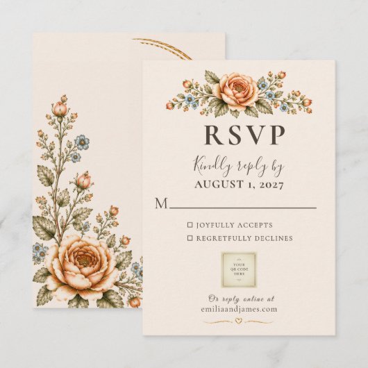 QR Code Wedding Vintage Heirloom Garden 出欠カード (正面/裏面)