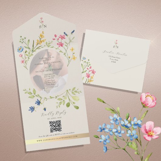 QR Code Wildflower Photo Wedding オールインワン招待状