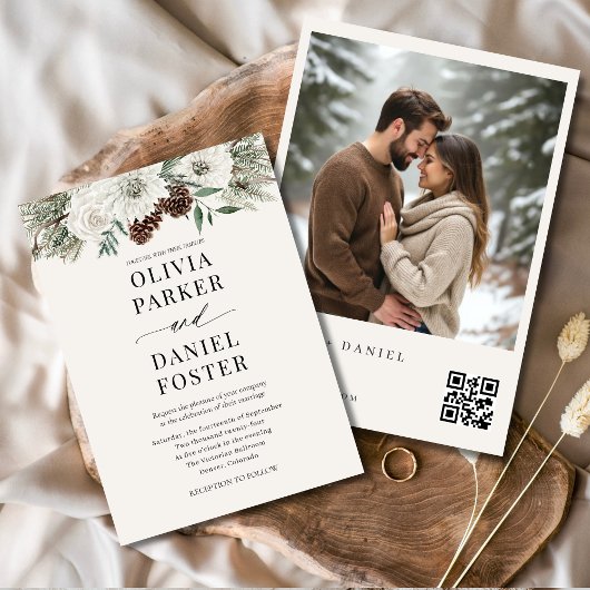 QR Code Winter Photo Elegant Evergreen Wedding 招待状